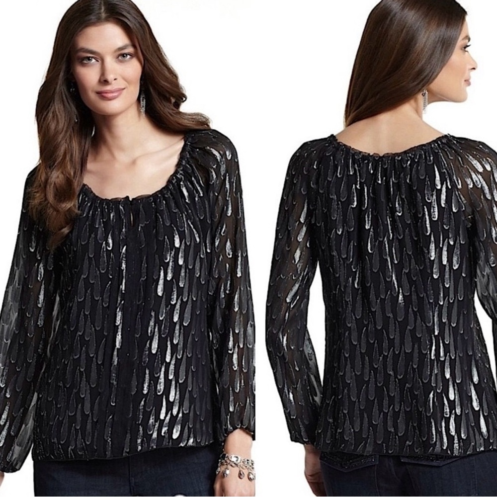 White House Black Market WH|BM Black/Metallic Silver Silk Top Blouse